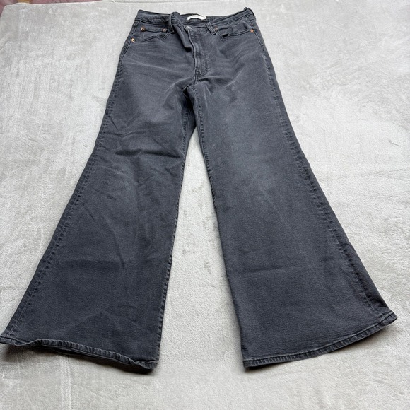 Levi's Denim - Levis Ribcage Bell Jeans Women 32 Faded Black Super High Rise Wide Leg Boho 70s